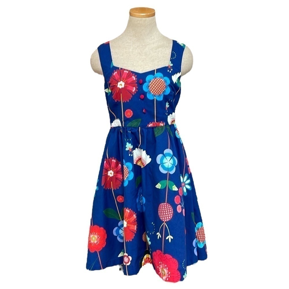 Modcloth Dress Women's Small Blue Red Floral Retro A-Line Mod Rockabilly Midi